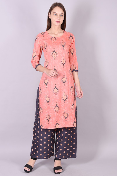 Women Cotton Rayon Straight Round Neck Kurta Palazzo Set