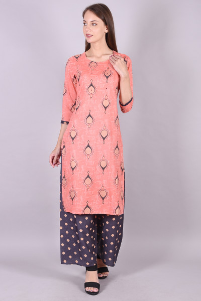 Women Cotton Rayon Straight Round Neck Kurta Palazzo Set