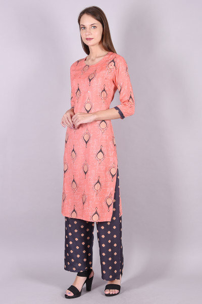 Women Cotton Rayon Straight Round Neck Kurta Palazzo Set