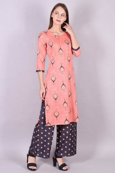 Women Cotton Rayon Straight Round Neck Kurta Palazzo Set
