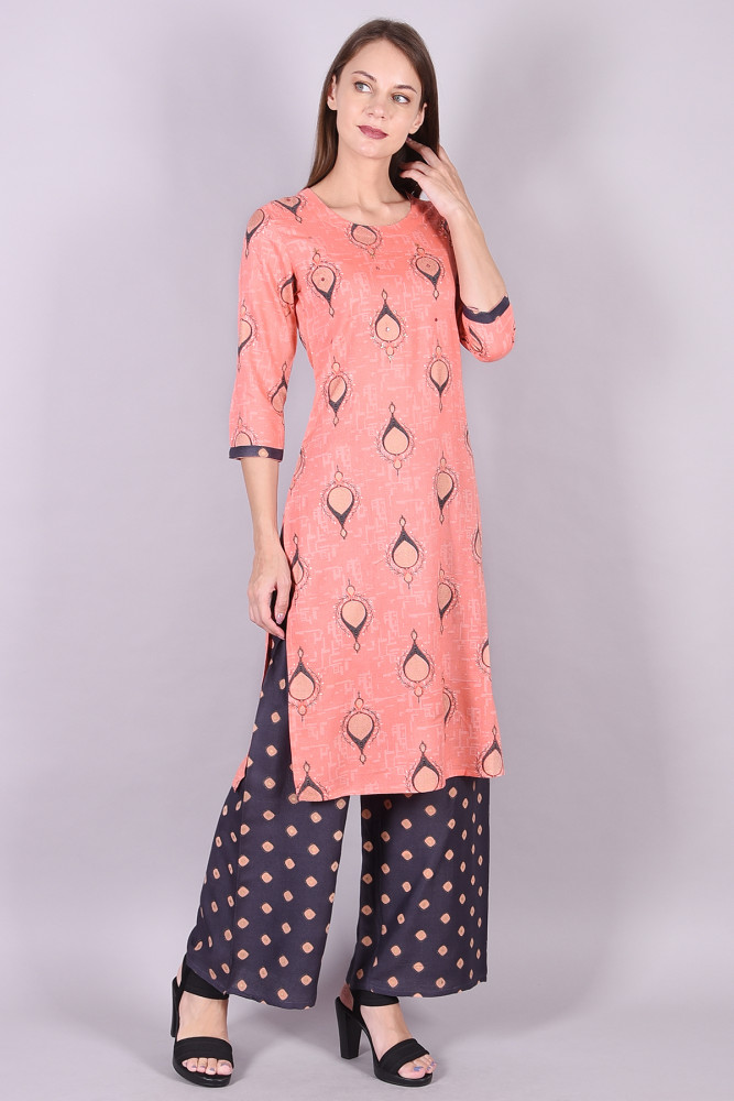 Women Cotton Rayon Straight Round Neck Kurta Palazzo Set