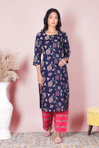 Women Cotton Rayon Straight Round Neck Kurta Pant Set