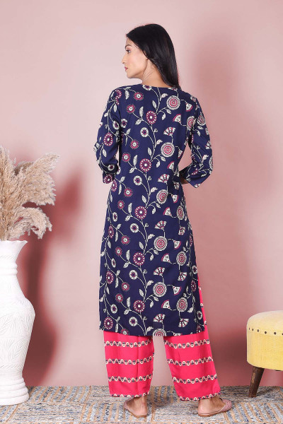 Women Cotton Rayon Straight Round Neck Kurta Pant Set