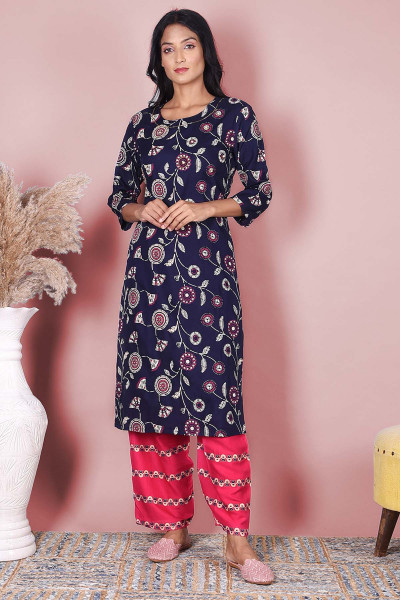 Women Cotton Rayon Straight Round Neck Kurta Pant Set