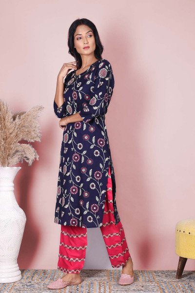 Women Cotton Rayon Straight Round Neck Kurta Pant Set