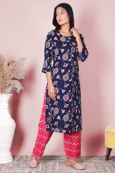 Women Cotton Rayon Straight Round Neck Kurta Pant Set