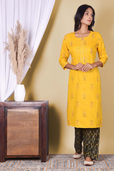 Women Cotton Rayon Straight Round Neck Kurta Palazzo Set