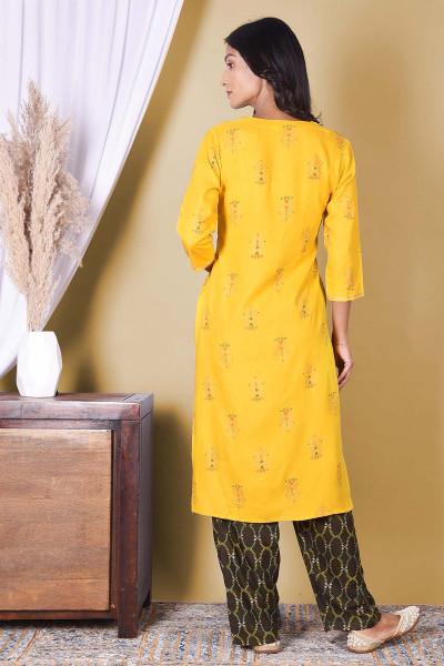 Women Cotton Rayon Straight Round Neck Kurta Palazzo Set