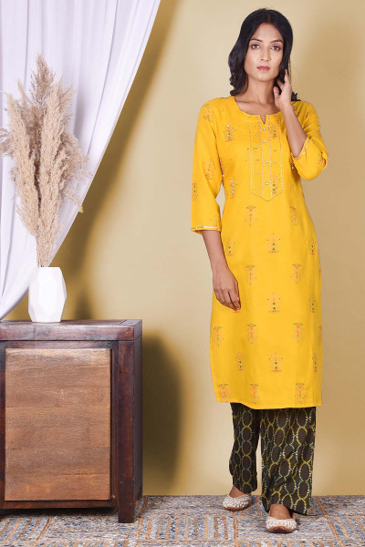 Women Cotton Rayon Straight Round Neck Kurta Palazzo Set