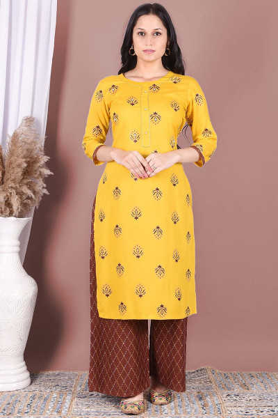 Women Cotton Rayon Straight Round Neck Kurta Palazzo Set