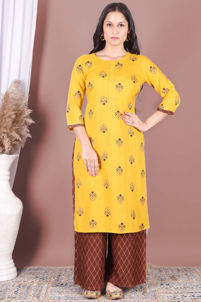 Women Cotton Rayon Straight Round Neck Kurta Palazzo Set
