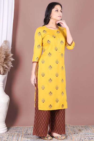Women Cotton Rayon Straight Round Neck Kurta Palazzo Set
