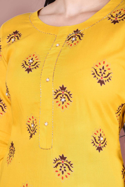 Women Cotton Rayon Straight Round Neck Kurta Palazzo Set