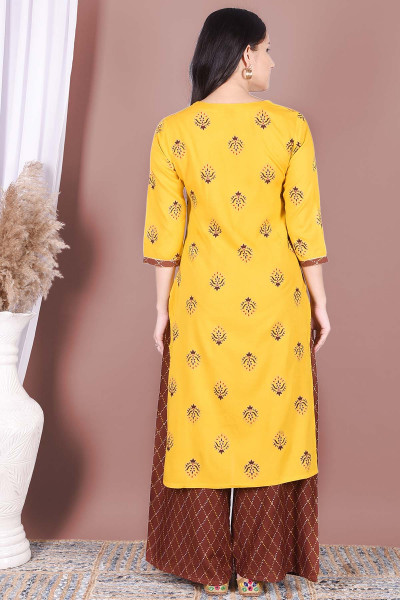 Women Cotton Rayon Straight Round Neck Kurta Palazzo Set
