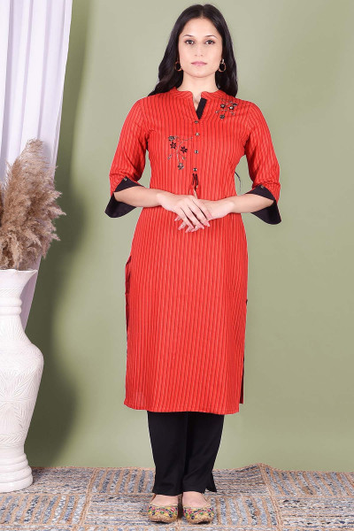 Women Cotton Rayon Straight Round Neck Kurta Pant Set