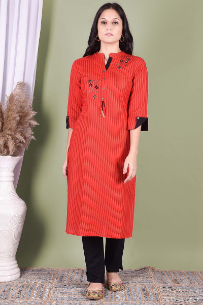 Women Cotton Rayon Straight Round Neck Kurta Pant Set