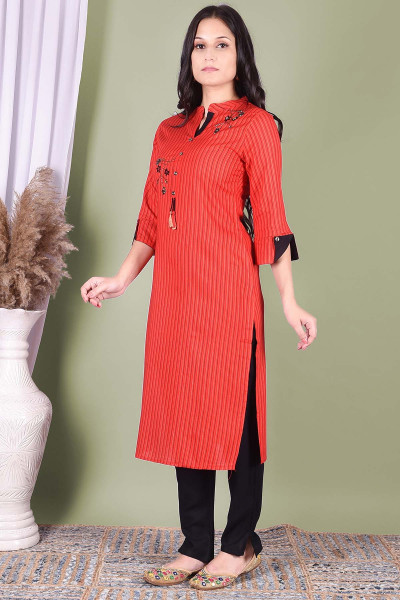 Women Cotton Rayon Straight Round Neck Kurta Pant Set