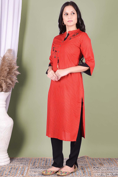 Women Cotton Rayon Straight Round Neck Kurta Pant Set