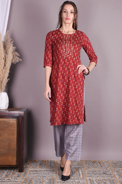 Women Cotton Rayon Straight Round Neck Kurta Pant Set