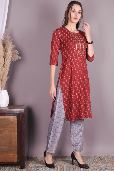 Women Cotton Rayon Straight Round Neck Kurta Pant Set