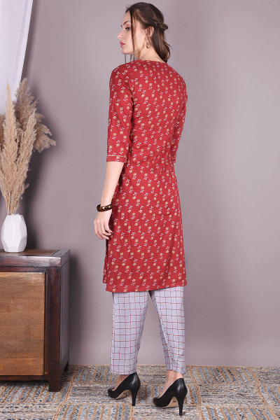 Women Cotton Rayon Straight Round Neck Kurta Pant Set