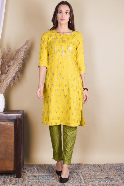 Women Cotton Rayon Straight Round Neck Kurta Pant Set
