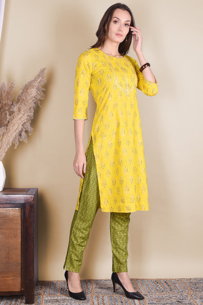 Women Cotton Rayon Straight Round Neck Kurta Pant Set
