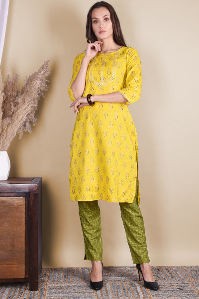 Women Cotton Rayon Straight Round Neck Kurta Pant Set