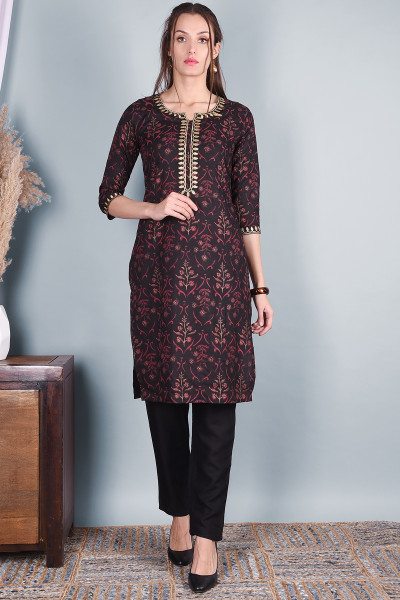 Women Cotton Rayon Straight Round Neck Kurta Pant Set