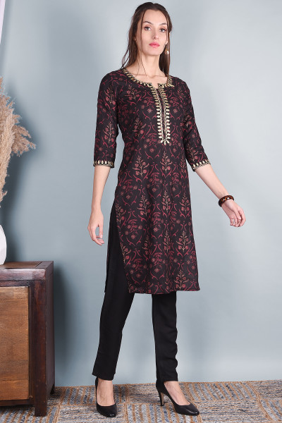 Women Cotton Rayon Straight Round Neck Kurta Pant Set