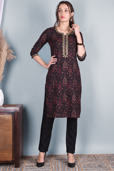 Women Cotton Rayon Straight Round Neck Kurta Pant Set