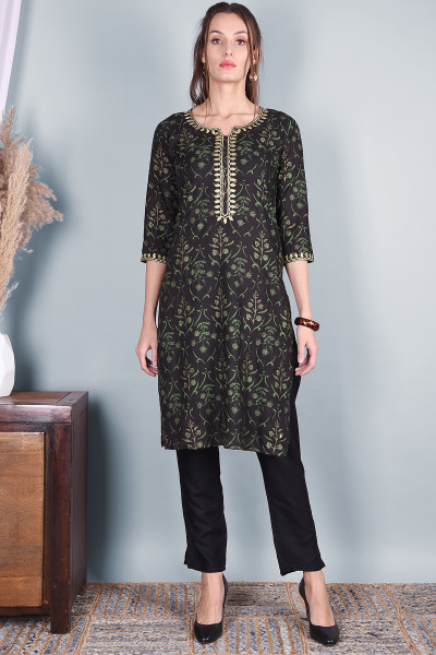 Women Cotton Rayon Straight Round Neck Kurta Pant Set