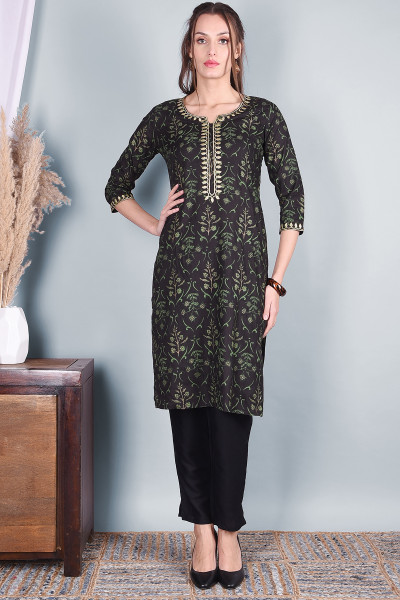 Women Cotton Rayon Straight Round Neck Kurta Pant Set