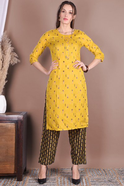 Women Cotton Rayon Straight Round Neck Kurta Pant Set