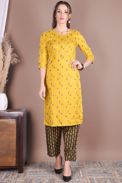Women Cotton Rayon Straight Round Neck Kurta Pant Set