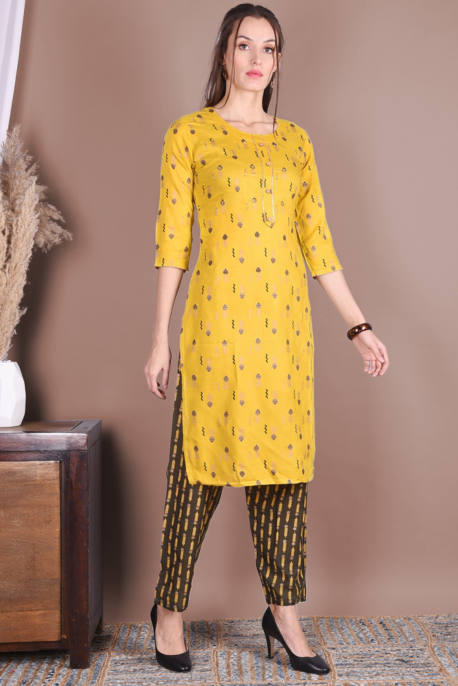Women Cotton Rayon Straight Round Neck Kurta Pant Set