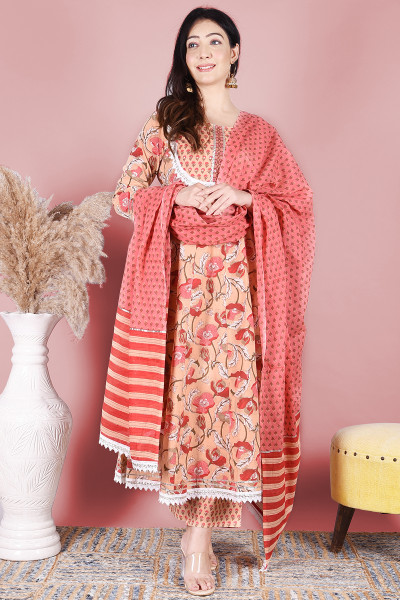 Women Pure Cotton A-line Round Neck Kurta Palazzo DupattaSet