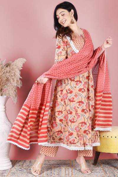 Women Pure Cotton A-line Round Neck Kurta Palazzo DupattaSet