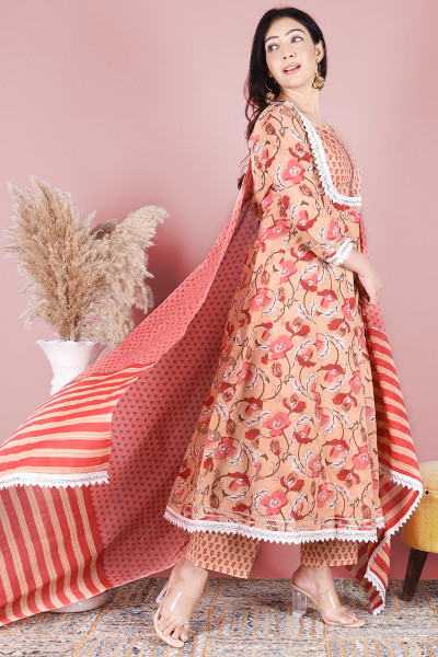 Women Pure Cotton A-line Round Neck Kurta Palazzo DupattaSet