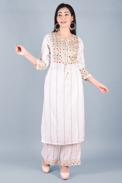 Women Cotton Rayon Straight Round Neck Kurta Palazzo DupattaSet