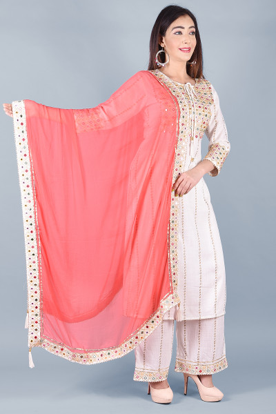 Women Cotton Rayon Straight Round Neck Kurta Palazzo DupattaSet