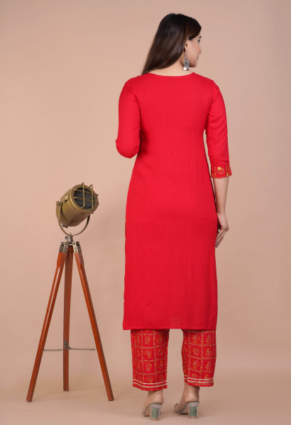 Women Cotton Rayon Straight Round Neck Kurta Palazzo DupattaSet