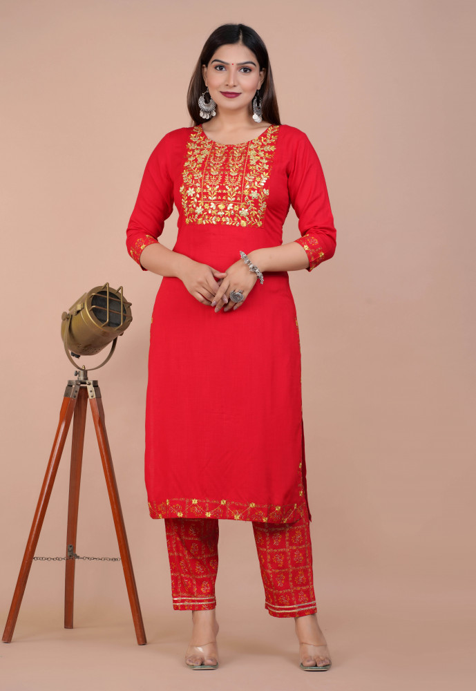 Women Cotton Rayon Straight Round Neck Kurta Palazzo DupattaSet