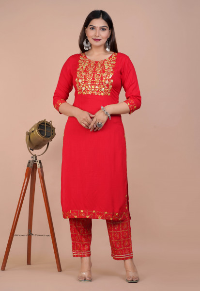 Women Cotton Rayon Straight Round Neck Kurta Palazzo DupattaSet