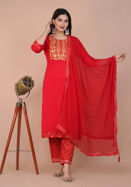Women Cotton Rayon Straight Round Neck Kurta Palazzo DupattaSet