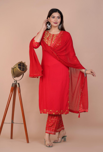 Women Cotton Rayon Straight Round Neck Kurta Palazzo DupattaSet