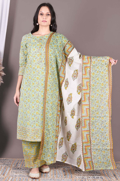 Women Pure Cotton Straight Round Neck Kurta Palazzo DupattaSet