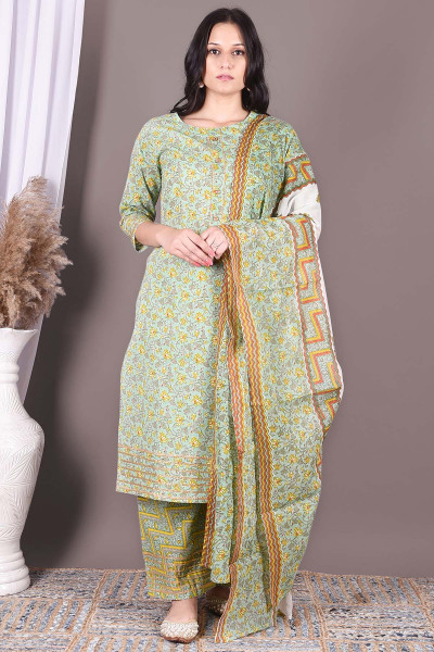 Women Pure Cotton Straight Round Neck Kurta Palazzo DupattaSet
