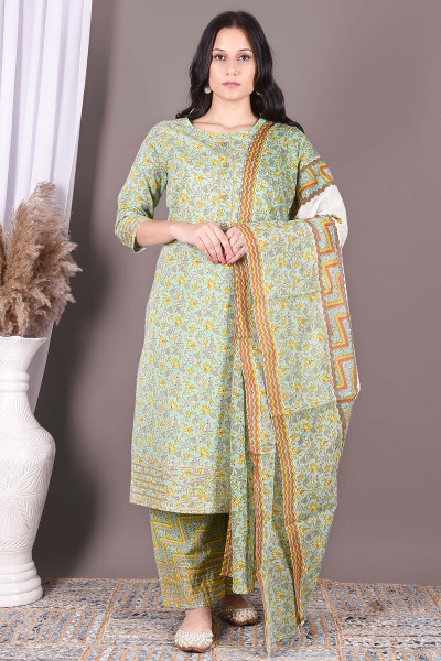 Women Pure Cotton Straight Round Neck Kurta Palazzo DupattaSet