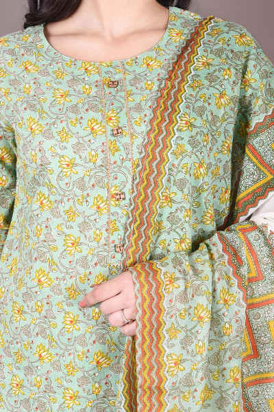 Women Pure Cotton Straight Round Neck Kurta Palazzo DupattaSet